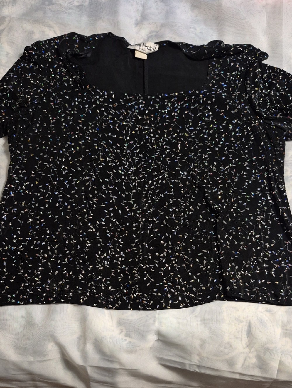 Ronni Nicole 3X Ouida Black Short Sleeve Blouse with Multicolor Sparkly Leaves